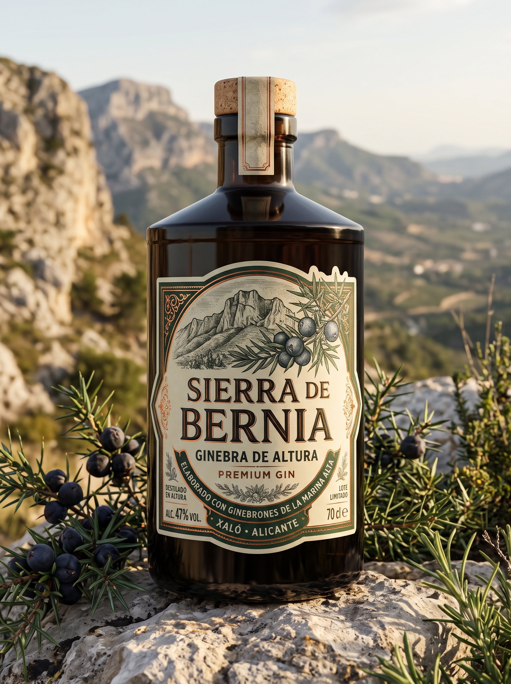 Botella Sierra de Bernia Gin 47 grados sobre roca caliza